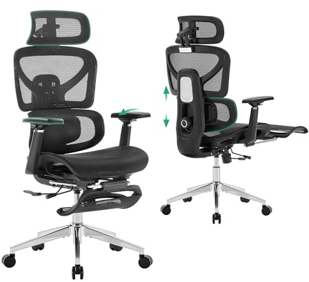 Cozyman Ergonomic Office Chair with Footrest - 5-Level Adjustable Lumbar Support & 90-135°Recline, 3D Headrest & 4D Armrests, Breathable Mesh Seat Computer Chair for Home Office, Gaming, Black