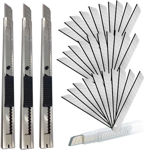 WEKOIL 30 Snap Off Utility Knife Blades 9mm Auto Lock Retractable Craft Cutters with Extra 3 Pcs Carbon Steel Art Knives for Cutting Box Paper Cardboard Graphics Projects