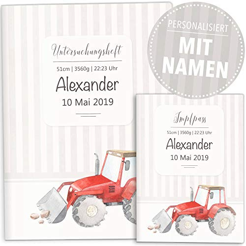 OLGS U-Heft Hülle Set Baustelle Traktor Trecker Untersuchungsheft Hülle und Impfpasshülle schöne Geschenkidee personalisierbar mit Namen, Geburtsdatum (U-Heft Set personalisiert, Traktor)
