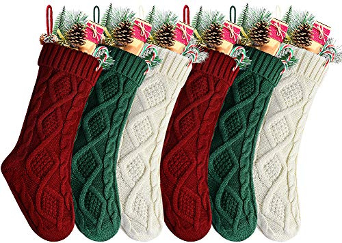 Kunyida Pack 6,18 Unique Burgundy and Ivory White Knit and Green Christmas Stockings Style2