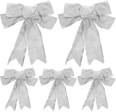 Supvox 5 Stück/Pack funkelnder Stoff Schleife Weihnachtsband Bänder für Weihnachtsbaum Dekoration (Silber)