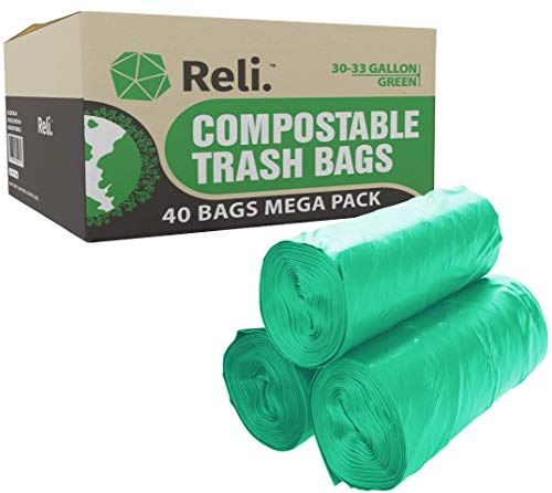 Reli. Compostable 33 Gallon Trash Bags | 40 Count | ASTM D6400 | Green | Eco-Friendly | For Compost