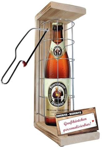 Personalisierte Geschenke für Männer Frauen - Eiserne Reserve Gitter Text rot Franziskaner Weissbier Bier (1 x 0.5 l) incl. Notsäge - Papa Mama Geburtstag Hochzeit