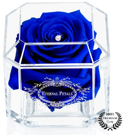 A 100% Real Rose That Lasts Years - Eternal Petals, Handmade in UK – White Gold Solo with A Multicolor Crystal (Dark Blue)