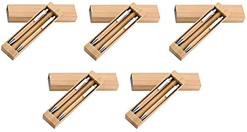 5x Bambus-Schreibset mit Gravur / bestehend aus Kugelschreiber + Druckbleistift