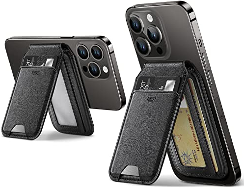 ESR Magnetisches Wallet (HaloLock), kompatibel mit MagSafe Wallet, für Magsafe Geldbörse mit Ständer, für iPhone 16/15/14/13/12-Serie, Nicht für iPhone 13/12 Mini, 5 Kartenhalter,veganes Leder,Schwarz