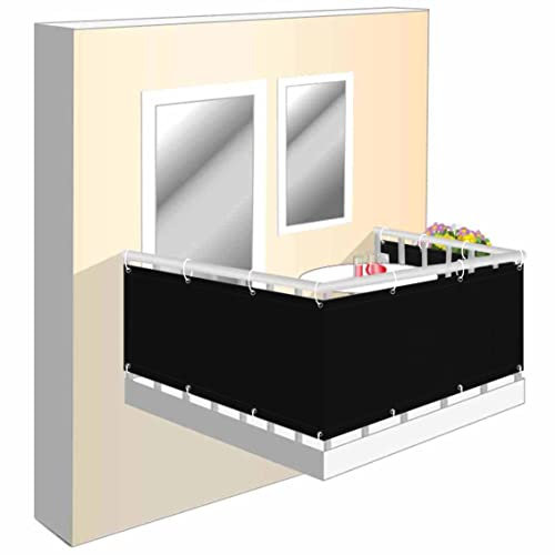 Wind und Sichtschutz Stoff für Balkon 110x200cm, Balkonverkleidung Sichtschutz Zubehör inklusive , Balkon Sichtschutz Hoch, für Balkongeländer, Terrasse & Garten - schwarz
