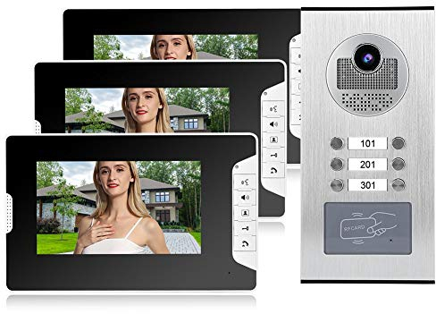 7-Zoll-Video Türsprechanlage Türklingel Intercom System 3 Monitore Video-Gegensprechanlage RFID-Nachtsicht-Video-Türklingel Regenfeste Kabelgebundene HD-Kamera-Kits (EU-Stecker 100‑240V)