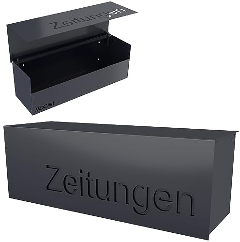 Zeitungsrolle XXL geschlossen anthrazit großes Zeitungsfach mit Beschriftung 'Zeitungen' modernes Design-Zeitungsfach RAL 7016 grau Zeitungsbox eckig wetterfest modern robust MOCAVI ZF 2b Regenschutz