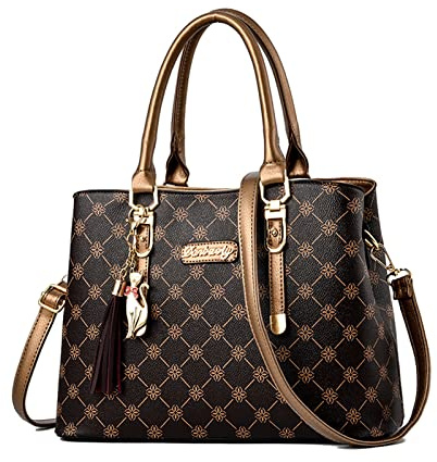 NICOLE & DORIS Damen Handtasche Elegante Schultertaschen Bedruckte Handtaschen PU Leder Frauen Umhängetasche Shopper Tote Mittelgross Tasche Henkeltasche mit Anhänger Braun
