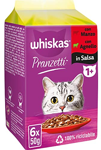Whiskas Blandade köttluncher 1+ vuxen, våt kattmat, 12 förpackningar om 50 g (totalt 72 stycken)