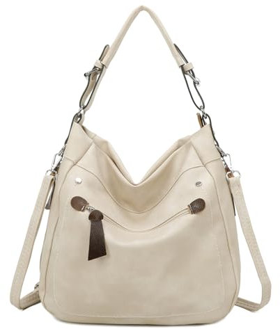 OBC Damen Tasche Shopper Hobo-Bag Schultertasche Umhängetasche Handtasche Crossover Reisetasche Beuteltasche Leder Optik Beige