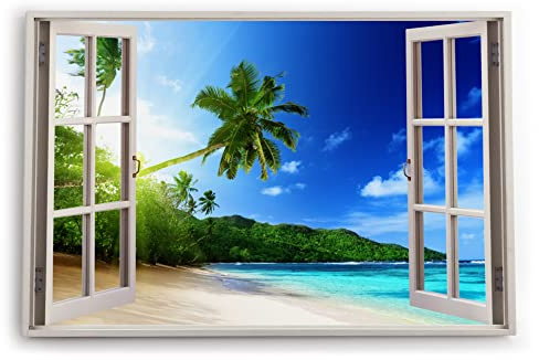 Paul Sinus Bilder Fensterblick 120x80cm Palmen Strand Meer Karibik Paradies Himmel Blau Kunstdruck Wanddeko Wand Wohnzimmer