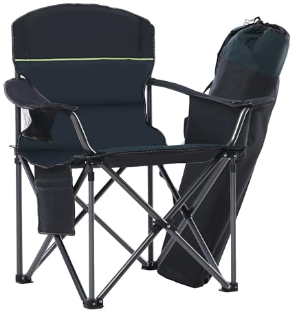 HIGH POINT SPORTS Übergroßer Campingstuhl Faltbar Angelstuhl Tragbar 200KG Belastbar Klappstuhl mit Kühltasche Armlehne Getränkehalter Gepolstert Tragbar Campingsessel(Grün)
