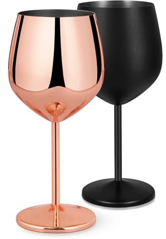 Livole 18oz 550ml Stainless Steel Wine Glasses, Elegant Goblet, Unbreakable Wine Glasses for Cocktail, Camping Wine Glass Set of 2, Red Wine Glass for Travel, Picnic, Party, Rose Gold and Matte Black