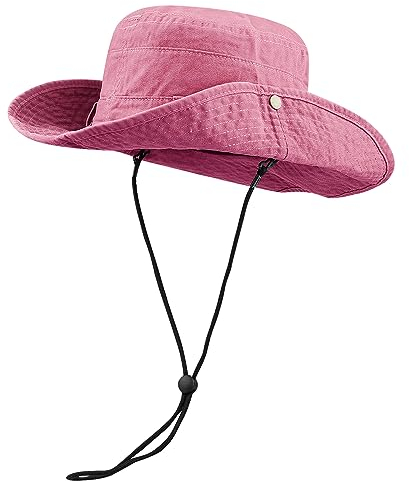 CLAPE UPF50+ Safari Hut Outdoor Buschhut Boonie Hut mit Kinnband Baumwolle Fischerhut Sonnenhüte Herren Damen Sonnenschutz Wanderhut Pink HJY6