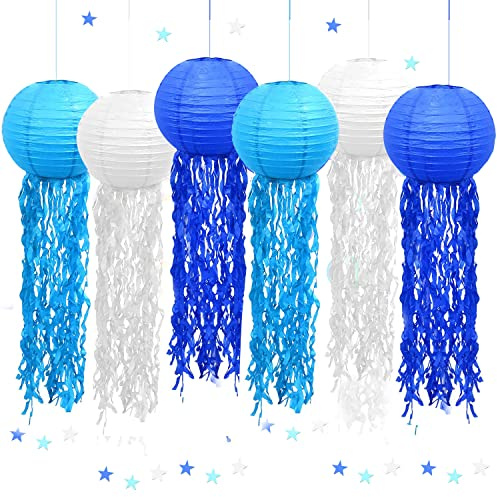 Papierlaterne Laterne Deko,6 Stück Quallen Papierlaternen Ozean Lampions Lampenschirm Meerjungfrau Geburtstag Deko,Ozean Thema Party Lieferungen für Kinder Thema Party (Blau)