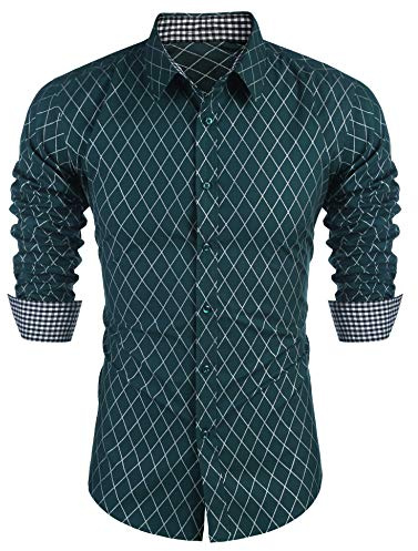 COOFANDY Herrskjorta, långärmad fritidsskjorta, rutig skjorta, affärsskjorta, kontrast, skjorta med rutmönster, herr, långärmad skjorta, S-3XL, Grön, M