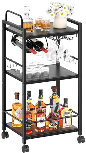 Barwagen für Zuhause, 3-stöckige Küchenwagen mit Rollen, kleiner Rollwagen mit Glashaltern, Weinregal, Mini-Barwagen für Küche, Esszimmer, Wohnzimmer, 33 cm T x 43 cm B x 85,9 cm H, Schwarz