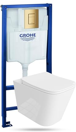 Lavita Vorwandelement Solido + Wand Hänge WC Maio Weiß Spülrandlos+ WC Sitz mit Absenkautomatik Goldener Knopf Komplettset Unterputz Spülkasten Toilette Komplett Sett WC
