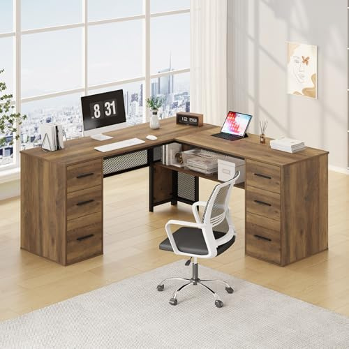 HSH Eckschreibtisch L Form Schreibtisch mit Schubladen für Homeoffice Großer Computertisch mit Stauraum Schreibtische mit Holz und Metall für Schlafzimmer Rustikale Eiche 150 cm | Große Eck-Computertische für Heimbüro, mit Aufbewahrungsschrank, moderne Metall-Holz-Schreibtische für Chefschreibtisch