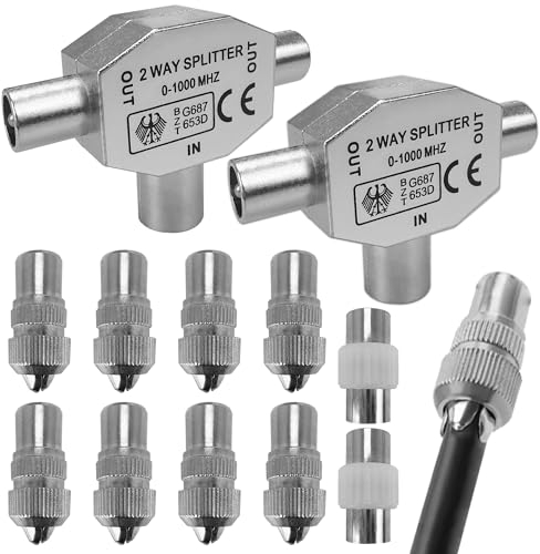2 Way Digital Signal Antenna Splitter, 2 Way 1 Female to 2 Male Coaxial TV Aerial Coax Splitter with TV Aerial Splitter Aerial Adapter Connector, Compatible with Cable TV Antenna TV Signal Booster