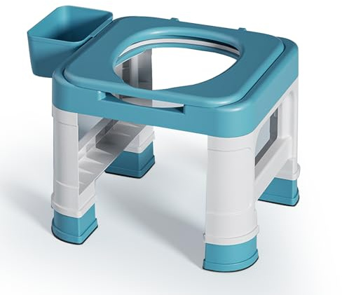 Nachttisch-Toilettenstuhl mit Zwei Eimern, Humanisiertes Design, Höhenverstellbarer, Rutschfester Tragbarer Toilettenstuhl mit Deckel, mit Fass und Hohlfass für Erwachsene