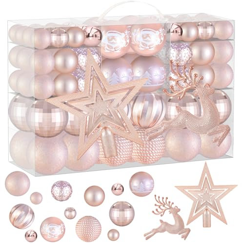 102 Stück Weihnachtskugeln Rosegold Christbaumkugeln Kunststoff Weihnachtskugeln Set Outdoor,Weihnachtsbaumschmuck,Christbaumschmuck,Ceihnachtsbaumkugeln,Tannenbaum Kugeln