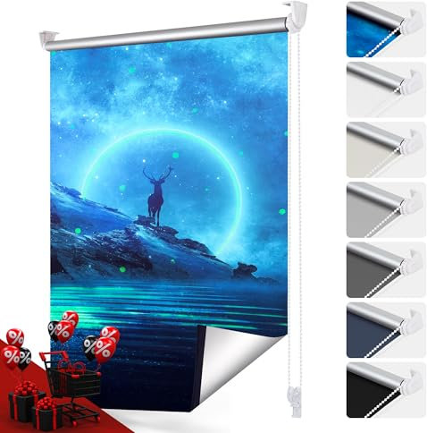 smartdemo Verdunklungsrollo ohne Bohren & mit Bohren, Hellblau 45x150cm(BxH), Klemmrollo Fensterrollo Hirsch Fluoreszierend, Thermorollo Sichtschutz und Sonnenchutz, Klemmrollo rollos für Fenster