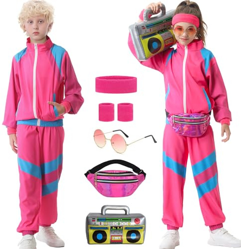 Hislovy Disfraz años 80 90 para Niñas Niños Disfraces Traje de Chándal de los 80 Traje de Aeróbic Conjuntos Deportivos Carnaval Fiesta Halloween, Rosa, 11-12 años