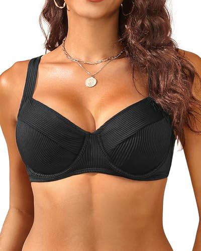 Women's Underwire Push Up Bikini Top - Ribbed Swim Bra 2025 Large Bust Bathing Suit Tops Black XL