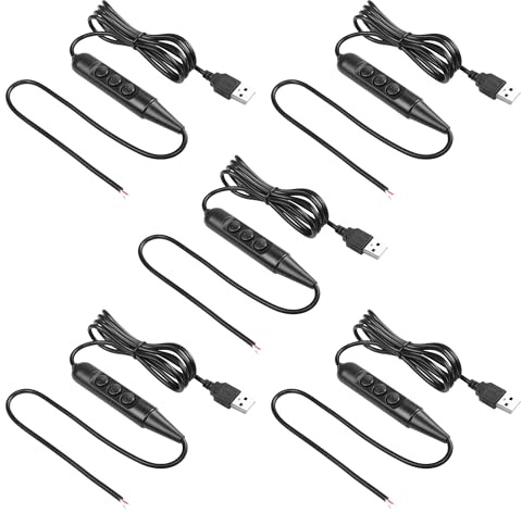 SinLoon USB-Stecker mit Ein/Aus-Schalter an abisolierten Enden, USB 2.0 6-Gang-Dimmschalter-Stromkabel, für LED-Streifen, kleine Tischlampen und andere 5-V-Geräte, 5 Stück, 1,5 m (Black)
