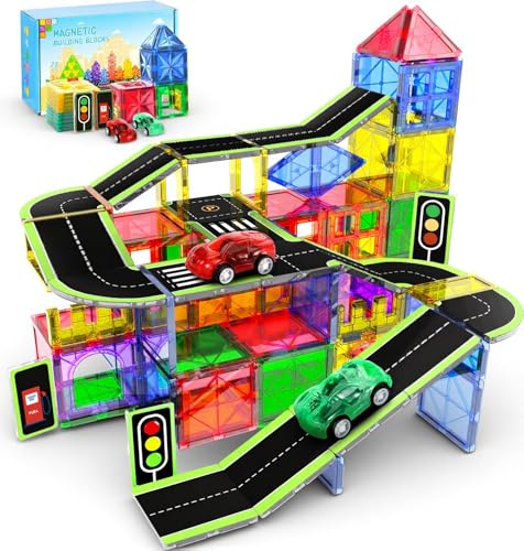 Lovchil 72PCS Magnetic Tiles Road Toppers Set for Kids Magnetic Building Blocks with 2 Cars Stronger Magnetics Toys Learning Educational Construction Toys for 3 4 5 6 7 8 Year Old