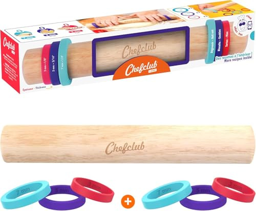 Chefclub Kids - Rouleau à Patisserie enfant avec Anneaux Ajustable - 3 Tailles d'Anneaux - Ustensile de Cuisine - Ebook de Recettes Inclus - Kit patisserie enfant - Cadeau fille 4 ans | 3 Anneaux en Silicones Amovibles pour 3 Différentes Épaisseurs de Pâtes - 7mm, 5mm et 3mm - Des Recettes Inclus -