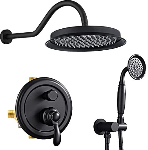 Brushed Concealed 2 Way Shower Mixer Set Rainfall Shower Head and Hose Set - Shower System with Holder and Hose, Brushed Finish