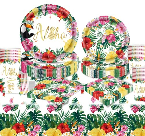 Moerstar Suministros de fiesta hawaiana, juego de vajilla de flores tropicales hawaianas con platos de papel Aloha, servilletas, tazas, mantel para decoración de fiesta de verano de Hawaii Luau Beach