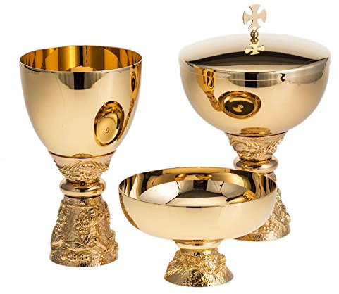 Holyart Cáliz, Patena, Copón reieve Uvas latón Dora, PatenaAltura cáliz: 21 cm|Diámetro Copa Cáliz: 14 cm|Diámetro Patena: 14 cm|Diámetro píxide: 14 cm|Altura Patena: 8 cm|Altura píxide: 18 cm
