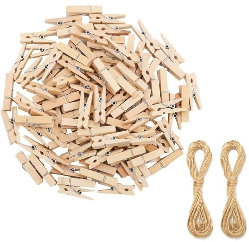 Lot de 200 pinces à linge en bois naturel de 3 cm avec 10 mètres de ficelle de jute