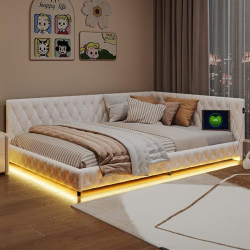 ZHDOKA Canapé-lit rembourré 140x200cm, avec éclairage LED et Port USB, lit de Jour, Multifonction, avec sommier à Lattes, pour Enfants, Adultes, invités, Adolescentes et Filles, Tissu Velours (Beige)