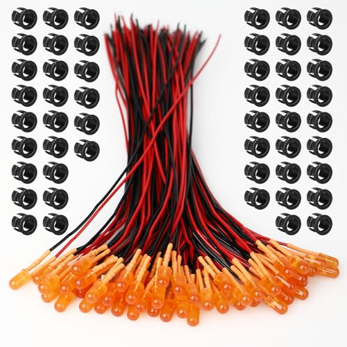OWOFYDR 50 Pcs 5MM Orange Pre-Wired LED Diodes, 3-12V DC with Current Limiting Resistor & Mounting Rings, Diffused Lens for Model Making, Car Indicator, DIY Electronics, Lighting Projects