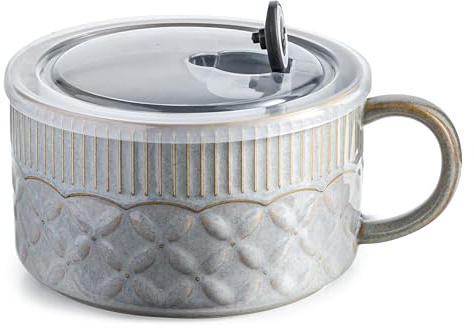 Gomakren 39oz Soup Mug with Handle & Lid, Ceramic Microwave Ramen Bowl | Dishwasher Safe Oven Bowl, Leak-Proof Silicone Seal, Steam Release Vent, Ergonomic Grip | for Cereal Office Lunch Dorm, Gray
