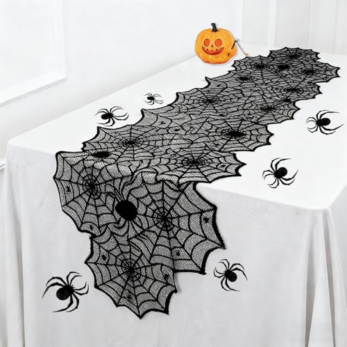 Halloween Tischdecke 180x45 cm + 12 Spinnen Deko - Halloween tischläufer Spinnennetz-Muster, Grusel-Dekoration für Halloween-Party, Halloween Tischdeko, Für Halloween Deko Tischdeko ﻿