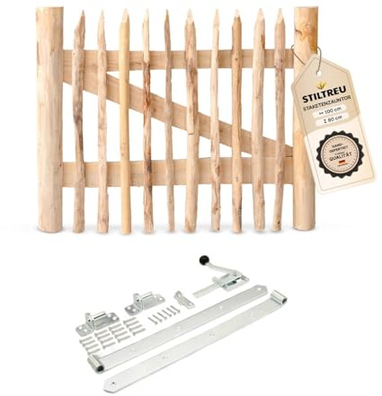 STILTREU Classic Staketenzaun-Tor Set (silber) aus Edelkastanie (Breite 100 cm x Höhe 80 cm)