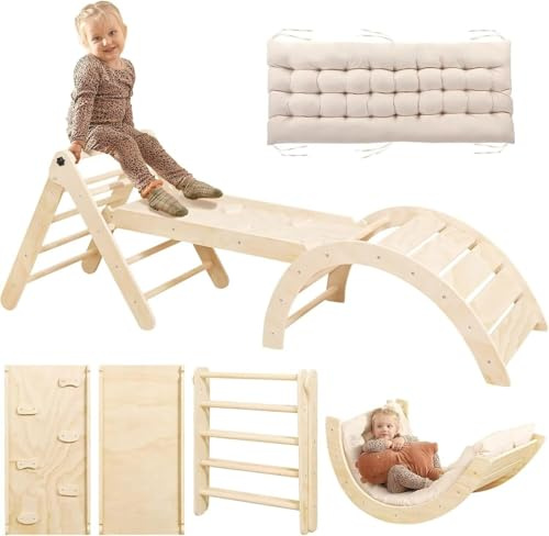 7-in-1 Montessori Kletterdreieck Set mit Rutsche, Kletterbogen & weichem Kissen – Holz Klettergerüst für Babys & Kleinkinder ab 1–3 Jahre, Indoor Spielgerät, faltbar & sicher (Naturholzfarbe)