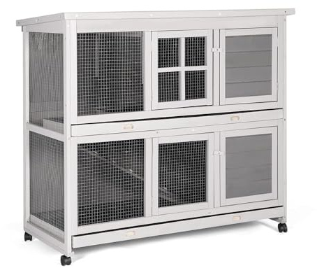 YODOLLA Clapier Lapin Exterieur sur roulettes, Clapier Lapin Interieur en Bois, Deux Étages & Plateau Amovible Rampe & Anti-Dérapante & Toit Étanche, 119 x 51 x105cm