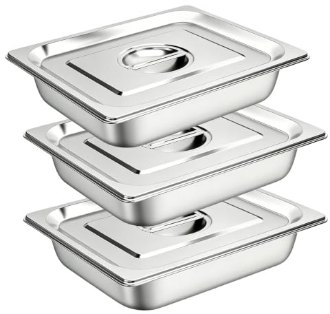 PRITOK Stainless Steel Gastronorm Pan: 3 Pack 1/2 Size Stainless Steel Food Containers, Lidded Steam Table Pans, Durable Gastronorm Pan with Lid, for Catering Buffet and Restaurant (32.5×26.5×6.5cm)