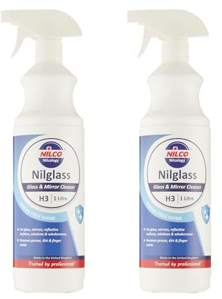 Nilco Set of 2 Nilglass Professional H3 Glass Mirror Cleaner 1 Litre - Trigger Spray Bottle For Cars Homes Window Cleaning No Smears Quick Easy to Use Also Very Good on Chrome - TWO PACK