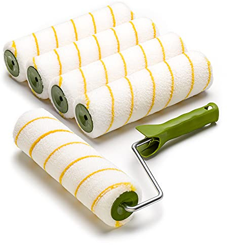Colorus 5 x Gelbfaden Farbroller Set | Malerwalze 25 cm | Farbwalze Streichset Wandfarbe u. Decke | Malerrollen Steckbügel | Farbrolle für Renovierung Teleskopstange Malerzubehör aufsteckbar