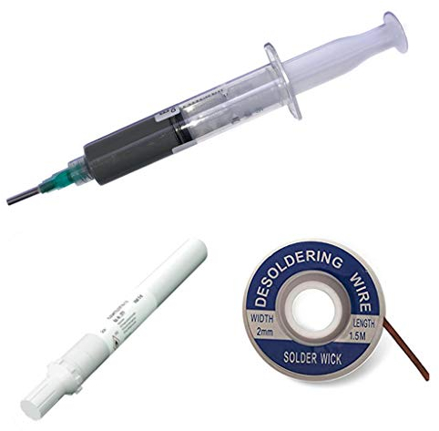 EO SMD-Lötset/Löt-Kit Nr. 1D (1 x No-Clean Rework-Paste EO-RP-001 mit 20 g, SnAg3Cu0,5 (T4), 1 x Flussmittelstift FA-334 mit 8 ml Inhalt + 1 x Entlötlitze 2,0 mm x 1,5 m - hohe Saugfähigkeit -)