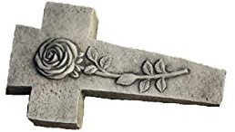 Steinkreuz mit Rose, Friedhof Deko Kreuz, Figur aus Steinguss, Frostfest